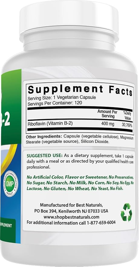 Best Naturals Vitamin B2 (Riboflavin) 400mg - Migraine Relief - Veggie Capsules - Conezyme Precursor - 120 Count (120 Count (Pack of 3))