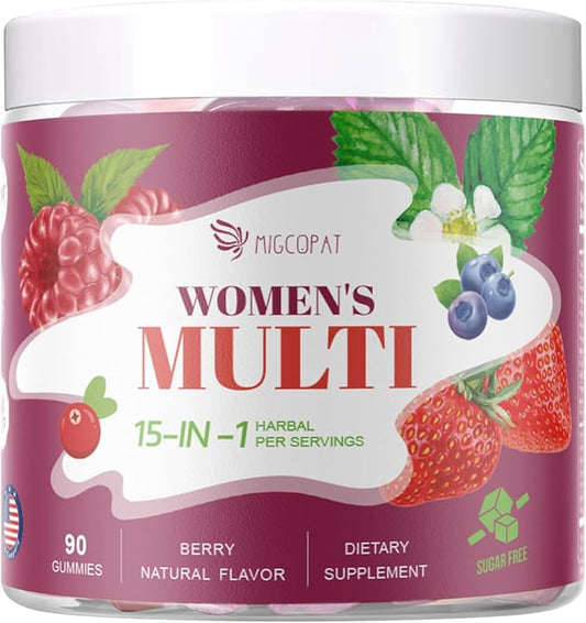Women Multivitamins Gummy, Omega-3, Inositol, CoQ10, Vitamins A, C, D3, E, B12, Sugar Free, Adults Multivitamin for Heart, Brain Health, Berry Flavor