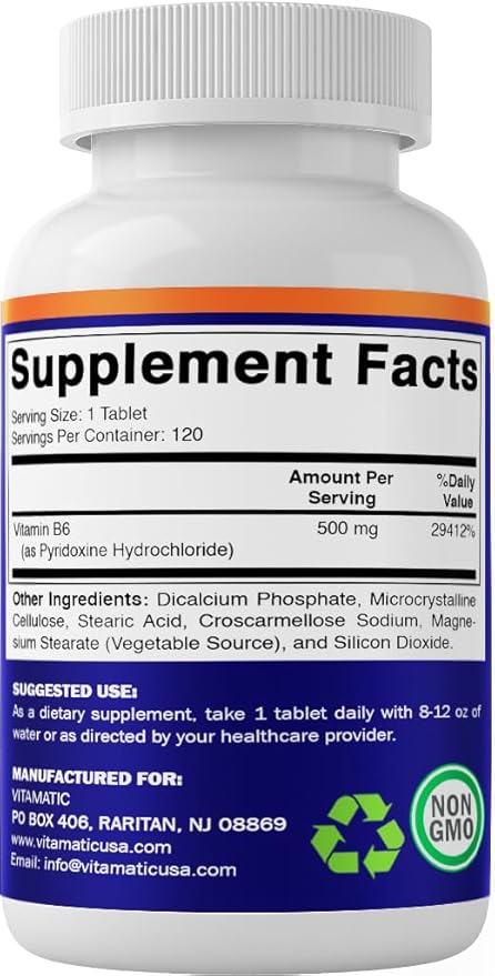 Vitamatic Vitamin B6 (Pyridoxine HCI), 500 mg – 120 Vegetarian Tablets Promotes Energy Production, Boosts Metabolism & Immune Health Support