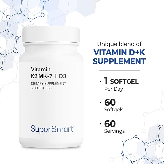 Supersmart - Vitamin K2 MK7 + D3 (Menaquinone 7) 90 mcg per Day - Bones & Heart Health Supplement - Immune Support | Non-GMO & Gluten Free - 60 Softgels