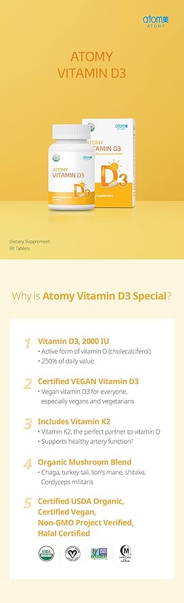 Atomy Vitamin D3 - Supports Bone and Immune Health 90 Tablets Organic Vegan Non-GMO