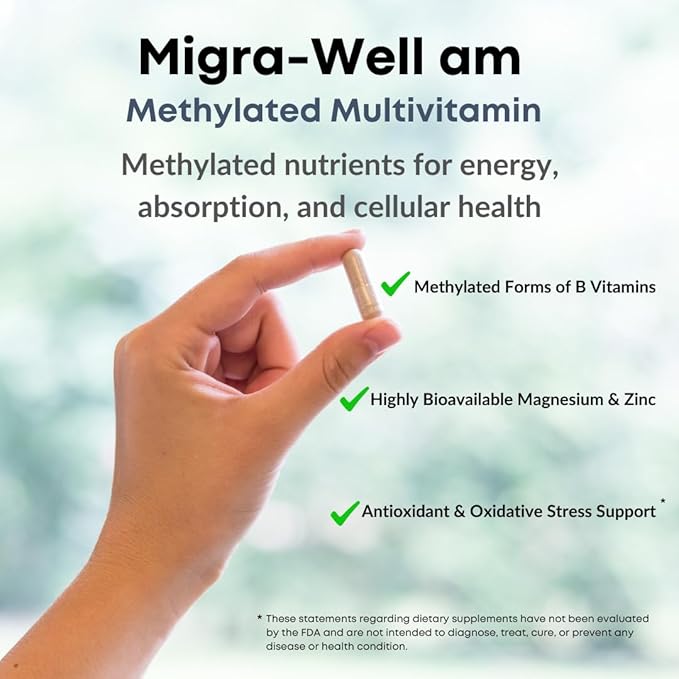 Migra-Well AM: Energizing Daily Methylated Multivitamin with Bioavailable Minerals & Antioxidants Supporting Brain & Nerve Heath for Women and Men - Without Iron (60 Capsules)