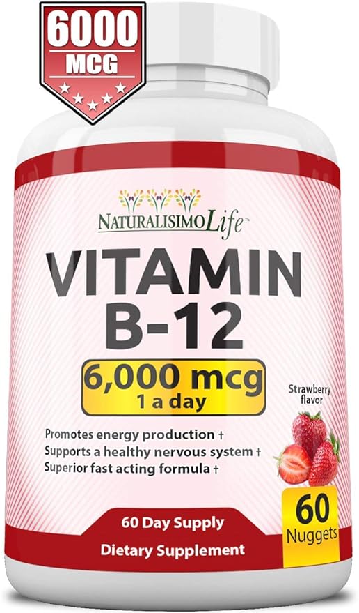 Vitamin B12 6,000 mcg Maximum Strength Fast Acting Formula Strawberry Flavor Nuggets Promotes Energy Production Supports The Nervous System 60 Nuggets Once a Day