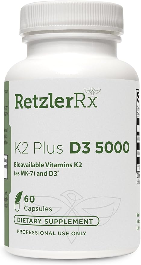 RetzlerRx® - Vitamin K2 Plus D3 5000 - Bioavailable Vitamin D 5000 IU (Cholecalciferol) with Vitamin K2 MK-7 - Heart, Arterial, Bone Health + Immune Support Supplement (60 Capsules)