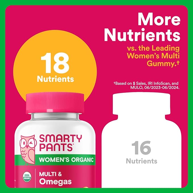 SmartyPants Organic Women's Multivitamin Gummies: Biotin, Methylfolate, Omega 3 (ALA), Vitamin D3, C, Vitamin B12, B6, A, K & Zinc, Inositol, Gluten Free, Vegetarian, 120 Count (30 Day Supply)