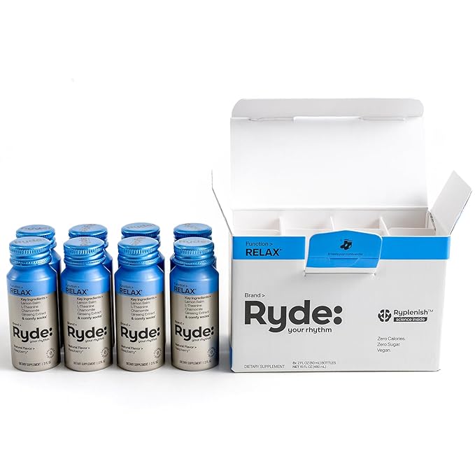 Ryde: Relax Shot | Raspberry Flavor | Lemon Balm, L-Theanine, Ginseng & Chamomile | 0 Calories, 0 Sugar | 2 FL OZ Shots | Helps You Relax* (8 Pack)