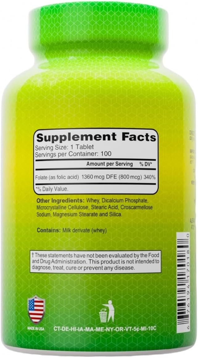ALFA VITAMINS Folic Acid 800 mcg Prenatal Supplement, Supports Cardiovascular Health, Body & Brain Functions, Red Blood Cell Formation & Healthy Fetal Development, Dietary Supplement, 100 Tablets