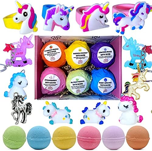 Unicorn Bath Bombs for Girls with Surprise Toys Inside for Kids | Cute Unicorn Ring, Keychain, Necklace, Toys and Bonus Unicorn Purse - Christmas Gift Set Bath Balls with Unicorn Toys Inside