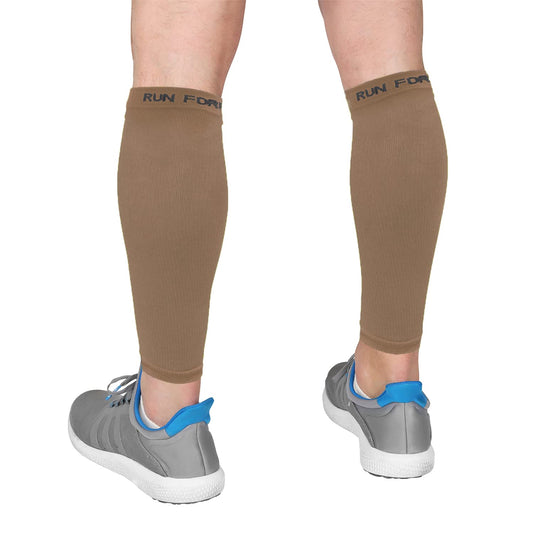 Run Forever Calf Compression Sleeves for Men and Women - Leg Compression Sleeve - Footless Compression Socks for Runners, Shin Splints, Varicose Vein & Calf Pain Relief - Brown Small