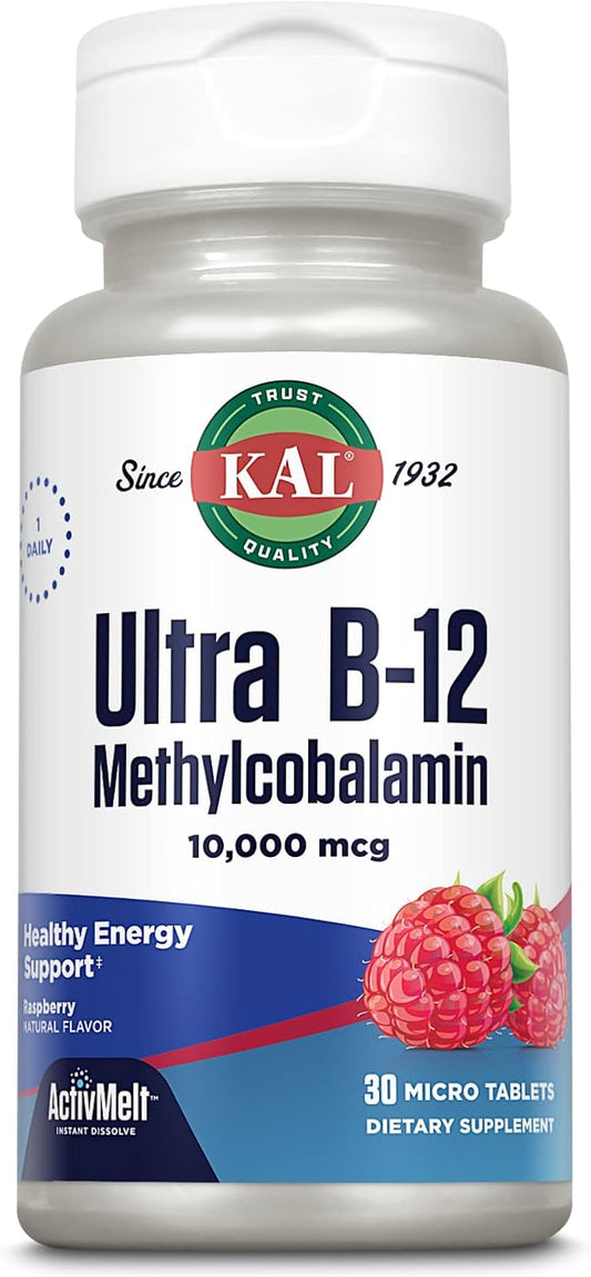 KAL Ultra B12 Methylcobalamin 10,000mcg, High Potency Vitamin B-12 for Healthy Energy, Metabolism, Nerve, Red Blood Cell Support,* Natural Raspberry Flavor, Vegetarian, 30 Micro Tablets, 30 Servings