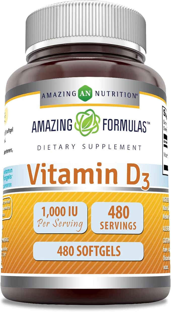 Amazing Formulas Vitamin D3 (Cholecalciferol) Supplement | 1000 IU | 480 Softgels | Non-GMO | Gluten-Free | Made in USA
