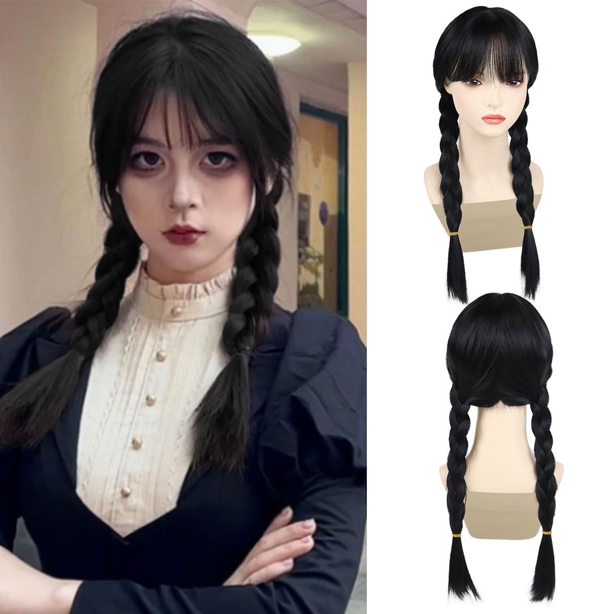 GNIMEGIL 23inch Long Black Braided Wigs for Women Cosplay Halloween Costume Small Petite Size Wig