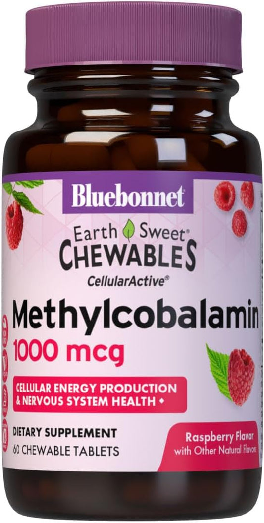 Bluebonnet EarthSweet Methylcobalamin 1,000 mcg Active Coenzyme Form of Vitamin B12 Supports Energy Boost & Metabolism - Vegan, Gluten-Free - Raspberry Flavor - 60 Chewable Tablets
