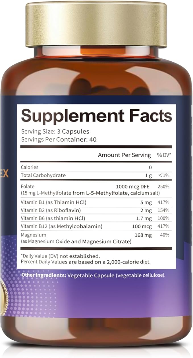 L Methylfolate 15mg 5-MTHF with B-Complex & Dual Magnesium | Active 5-MTHF Form + Methyl B12 | Supports Methylation, Cellular Function & Energy Metabolism | Non-GMO, Gluten Free (120 Capsules)