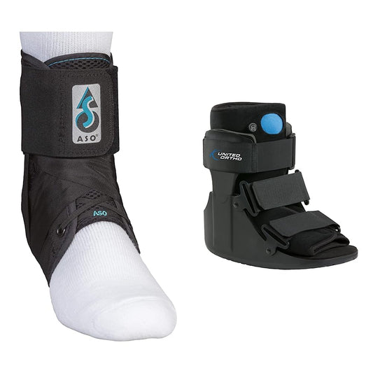 Med Spec ASO Ankle Stabilizer (Black, X-Small) and United Ortho Short Air Cam Walker Fracture Boot (Small, Black)