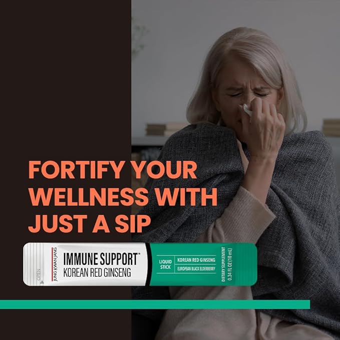 JungKwanJang Korean Red Panax Ginseng (800mg) and Elderberry (469mg) Immune Support Everytime Extract Sticks, Antioxidant Supplement for Immunity and Daily Wellness, 10 Count