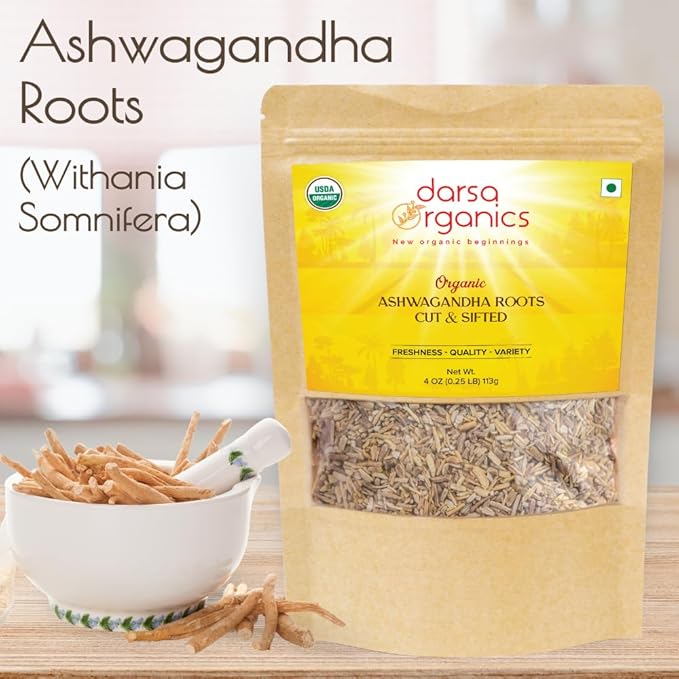 Ashwagandha Root Cut & Sifted 4 oz - USDA Organic Ashwagandha Herb for Tea and Smoothies, Non-GMO Organic India Ashwagandha, Withania Somnifera, Boosts Immunity & Digestion