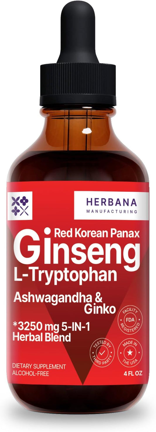 Red Korean Panax Ginseng & L-Tryptophan Liquid Extract Formula 4 fl oz - Ashwagandha, Ginkgo Biloba - Energy, Cognitive Performance & Focus - Immune System and Vitality Support Tincture