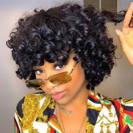 Fringe Bouncy Human Hair Wigs For Black Women Afro Rose Curly Funmi Glueless Wigs with Bangs Short Bouncy Curly Bob Wig With Bang 8Inch 180% Density Natural Black