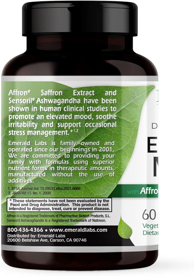 Emerald Labs Elevated Mood - Stress Management Supplement with Sensoril Ashwagandha Extract & Affron Saffron Extract - 60 Vegetable Capsules (30-Day Supply)