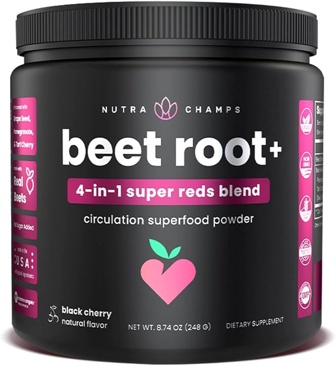 NutraChamps Beet Root Powder Circulation Supplement, Superfood Powder Nitric Oxide Supplement with Beetroot Juice, Super Reds Powder & Grape Seed Extract, No Sugar Beet Supplement - 8.74 Oz