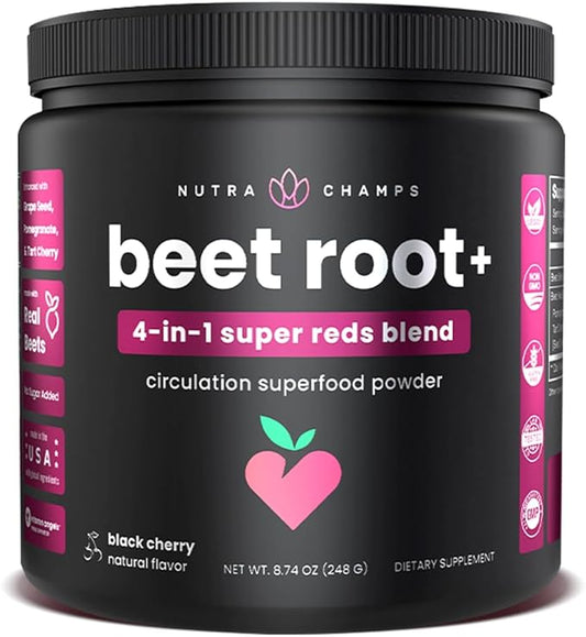 NutraChamps Beet Root Powder Circulation Supplement, Superfood Powder Nitric Oxide Supplement with Beetroot Juice, Super Reds Powder & Grape Seed Extract, No Sugar Beet Supplement - 8.74 Oz