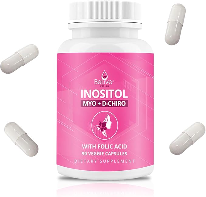 BeLive Myo-Inositol & D-Chiro Inositol Capsules - 90Ct I Inositol Supplement with Folic Acid Supplements for Woman, Optimal 40:1 Ratio - 2 Pack