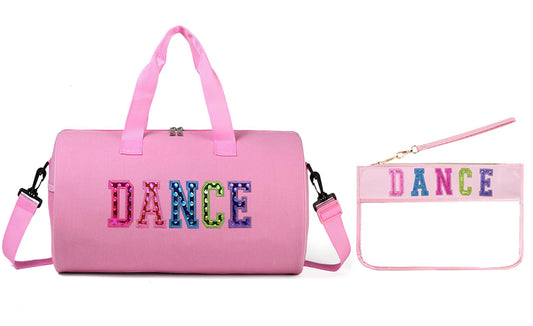 Dance Duffle Bag for Girls, Kids Toy Storage Bag,Weekend Bag,Overnight Bag,Gymnastics bag 17"Lx9"Wx9"H (Pink set-clear letter bag)
