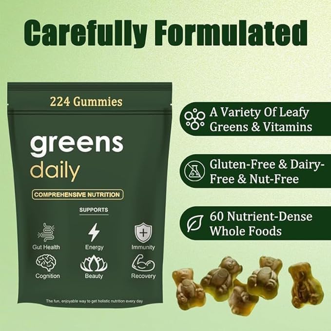Greens Gummies, Daily Greens Gummies with Chlorella and Spirulina, Digestive & Gut Health, Multi-Vitamins & Minerals, 224 Gummy Bear