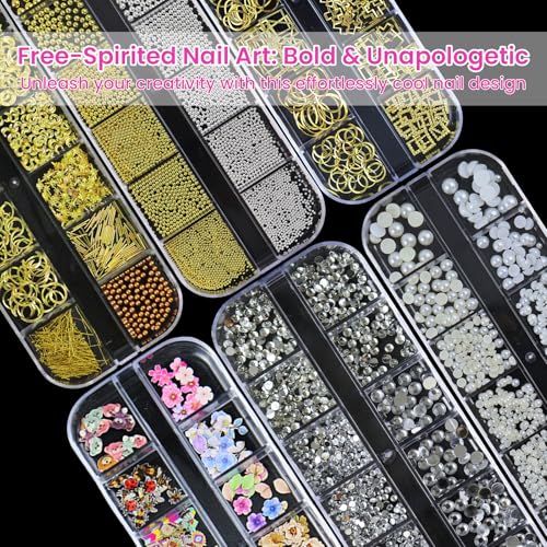 6 Boxs of Nail Charms Rhinestones Kit with 30 Sheets of Nail Art Gold Stickers Gold Sliver Nail Beads Pearls Gems with 1 Heart Nail Embossed Molds, 1 Tweezers and 1 Wax Pen for Nail Supplies