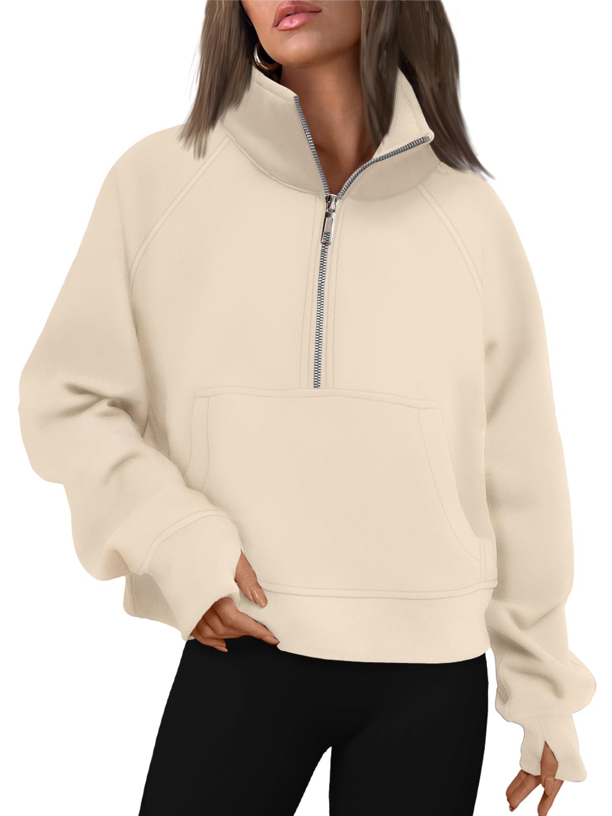 AUTOMET Womens Sweatshirts Long Sleeve Tops Hoodies Shirts Half Zip Pullover Cropped Oversized 2024 Fall Fashion Outfits Sweaters Apricot