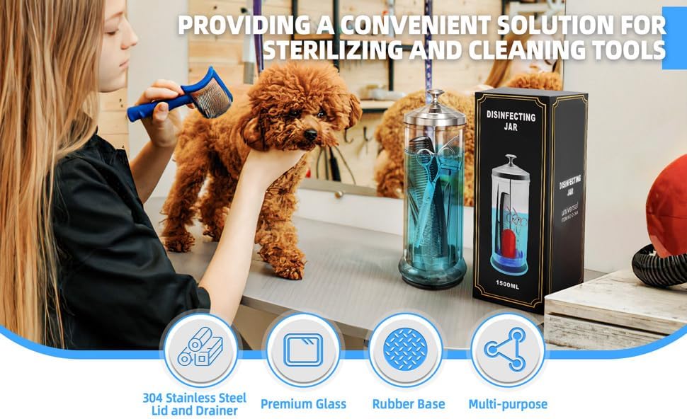 Glass Disinfectant Jar with anti-slip pad 53 Oz/1500ML, Barber Disinfectant Jar With Removable Basket, Large Sterilizing for Manicure & Pedicure Implements Stainless Steel 11.7"H x 3.8"W