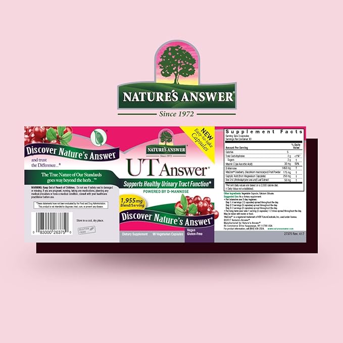 Nature's Answer UT Answer with D-Mannose 1955mg 90-Count | Urinary Tract & Bladder Support | Natural Detox | Gluten-Free, Vegan, Kosher | Single Count