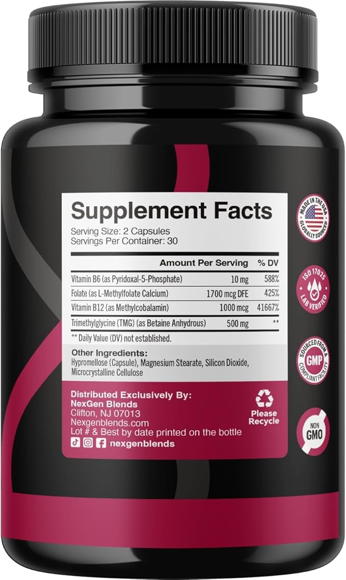 TMG Trimethylglycine Supplement with Methyl B Complex - 500mg Betaine TMG Supplement with Methylated Vitamin B Co Factors for Homocysteine Heart & Liver Support - Vegan & Non-GMO (1 Month Supply)