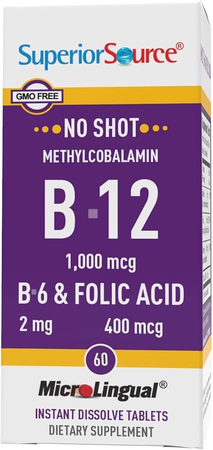 Superior Source No Shot Vitamin B-12 Methylcobalamin 1000 mcg, B-6 & Folic Acid 400 mcg - Supports Brain & Heart Health - Aids Natural Energy Levels - 60 Sublingual Dissolving Tablets