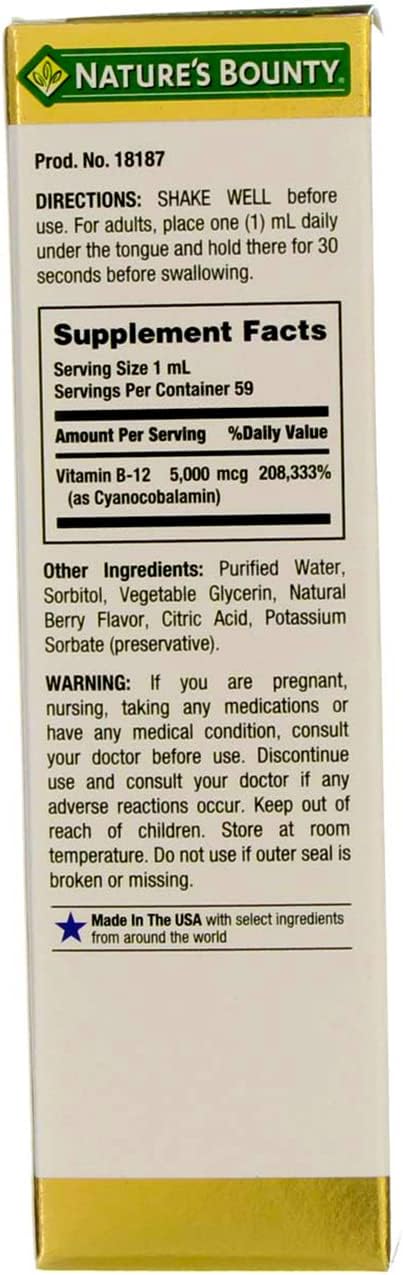Nature's Bounty B-12 5000 mcg Sublingual Liquid Energy Health 2 oz ( Pack of 4)
