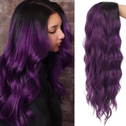 Amnenl Ombre Purple Curly Women Wigs Long Wave Dark Roots Middle Part Synthetic Wigs for Halloween Cosplay Wig
