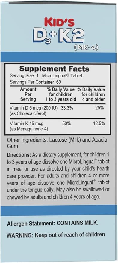 Superior Source Kid's D3 & K2 (MK-4) - Children's Multivitamin - Supports Immune System & Bone Health - Non-GMO, Preservative-Free & Dye-Free - 60 MicroLingual Instant-Dissolve Tablets