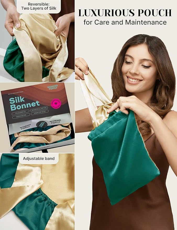 Real Silk Bonnet for Sleeping Women with Curly, Straight, & Fine Hair – Hair Cap for Sleep – Premium Alternative to Double Layer Satin Bonnet – Silk Hair Wrap for Sleep with Wonder Loop Tie – Green