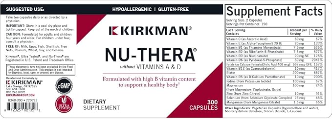 Kirkman Nu-Thera Without Vitamins A & D - Hypoallergenic || 300 Vegetarian Capsules || Multi Vitamin with Vitamin B-6