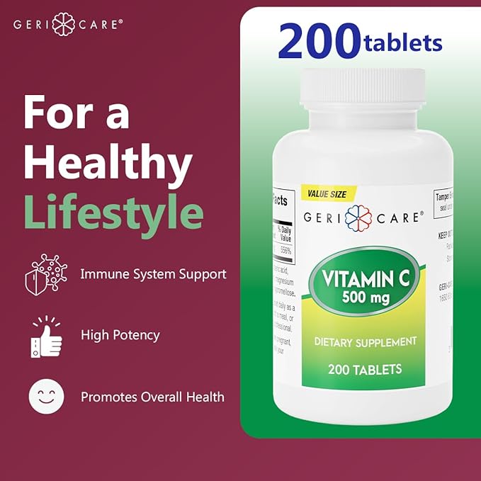 GeriCare Vitamin C 500 mg Antioxidant, Immune System Support, Nutritional Supplement Tablets, 200 Count (Pack of 1)