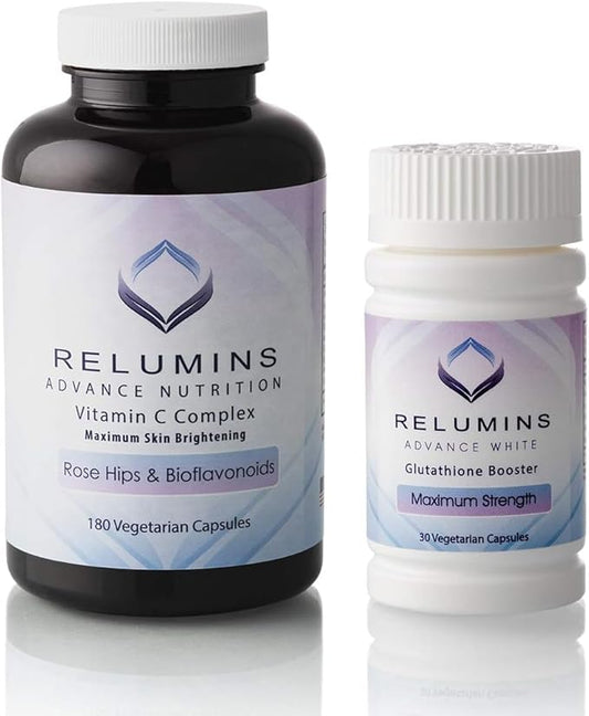 Relumins Skin & Immune Booster Vita Bundle – Advanced Vitamin C 1000mg with Rose HIPS (180 Capsules) + Max Strength Glutathione Booster (30 Veg Capsules) – Antioxidant & Skin Support, Halal Certified