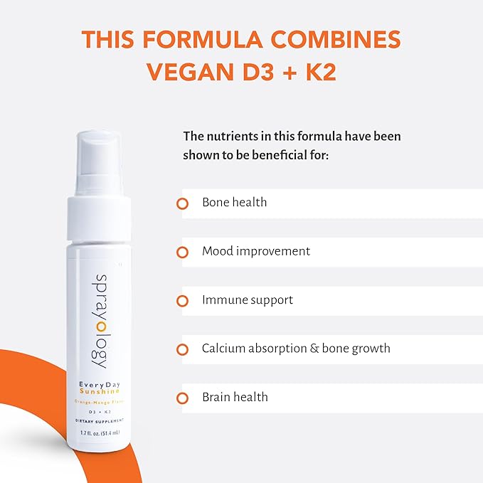 Sprayology Everyday Sunshine Vitamin Spray | Vitamin D3 & K2 Supplement for Adults | Vegan, Gluten-Free & Lactose-Free | Immune Support Spray & Mood Booster | 30 Day Supply (1.7 fl oz)