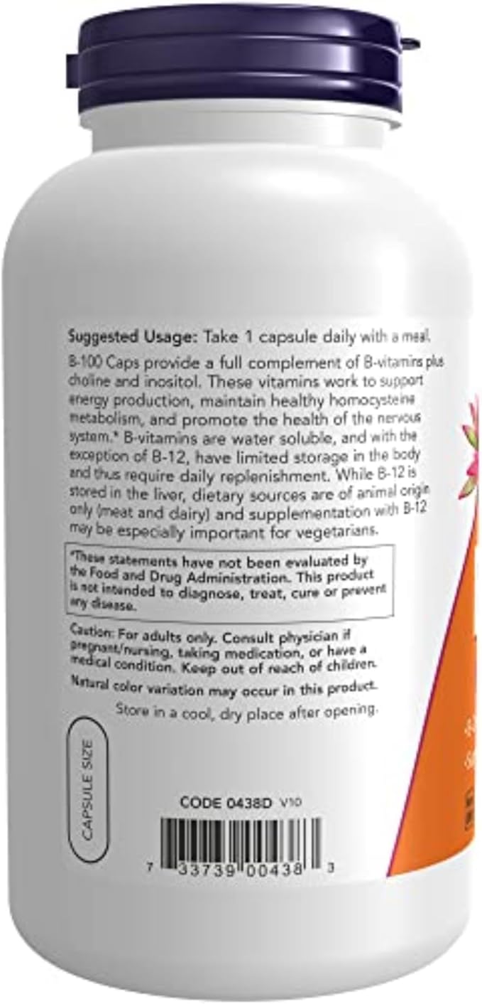 NOW Supplements, Vitamin B-100, Energy Production*, Nervous System Health*, 250 Veg Capsules