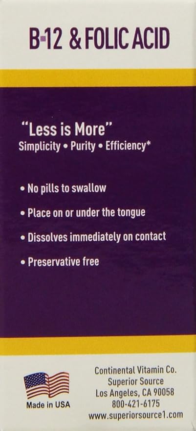 Superior Source No Shot Vitamin B-12 Cyanocobalamin 1000 mcg & Folic Acid 400 mcg - Offers Energy, Heart, Brain, & Stress Support - 100 Sublingual Dissolving Tablets