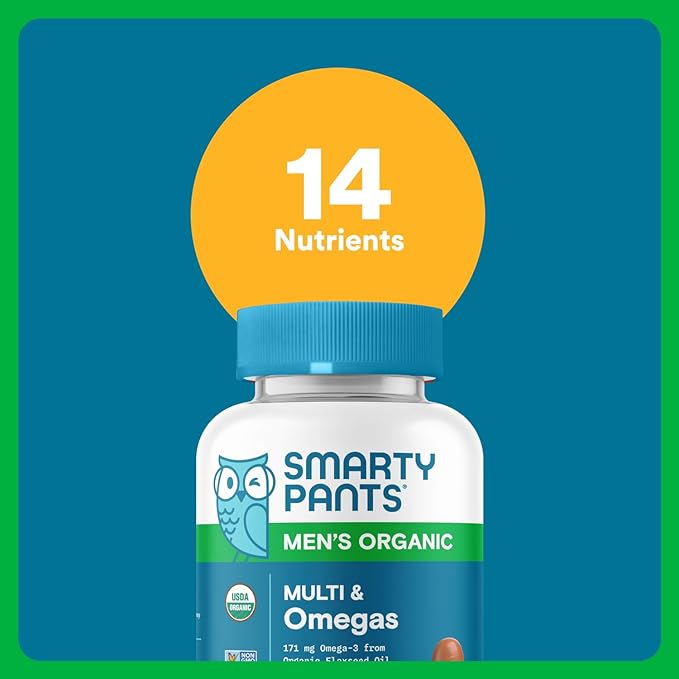 SmartyPants Multivitamin for Men, Organic Gummies: Methylfolate, Omega 3 (ALA), Vitamin D3, C, Vitamin B12, B6, A, K & Zinc for Immune Support, Biotin, Vegetarian, 120 Gummies (30 Day Supply)