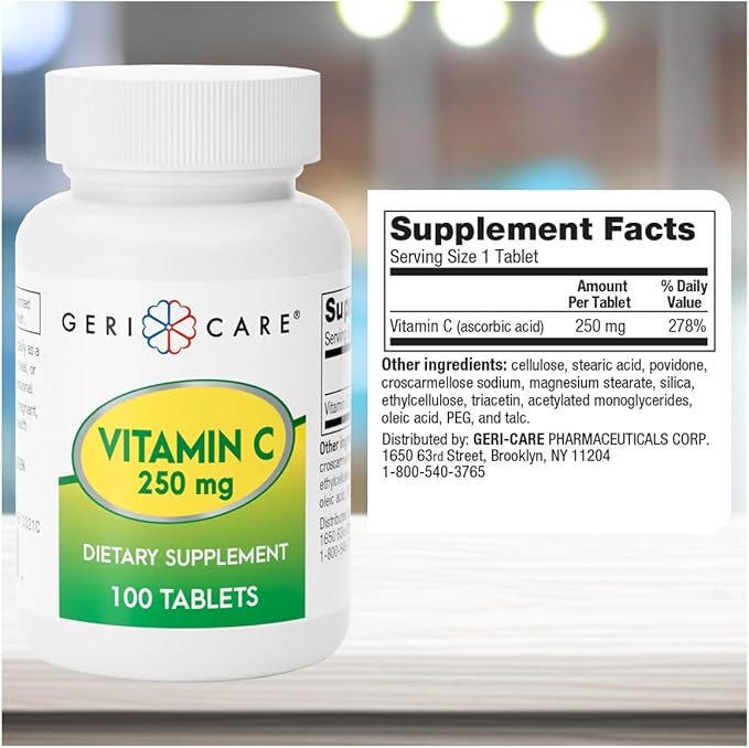 GeriCare Vitamin C 250mg, Immune Support, Antioxidant Protection, Collagen Boost & Iron Absorption for Overall Health, Nutritional Supplement, 100 Count (Pack of 1)
