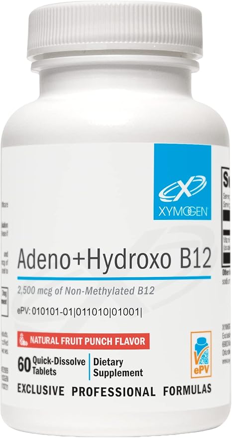 XYMOGEN Adeno+Hydroxo B12 - Non-Methylated (2,500mcg) - Quick-Dissolve B12 Lozenges with Adenosylcobalamin B12 + Hydroxocobalamin - Cognitive Support, Fruit Punch Flavor (60 Tablets)