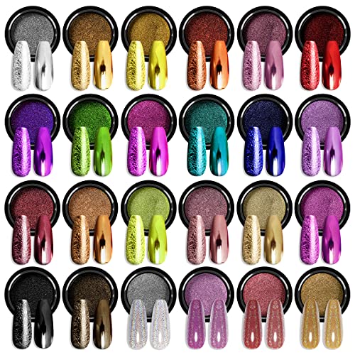 SAVILAND Chrome Nail Powder Set: 24 Colors Metallic Mirror Effect Iridescent Chrome Nail Powder for Gel Polish Holographic Chameleon Pigment Nail Art Decoration Glitter Dust Home Salon Manicure DIY