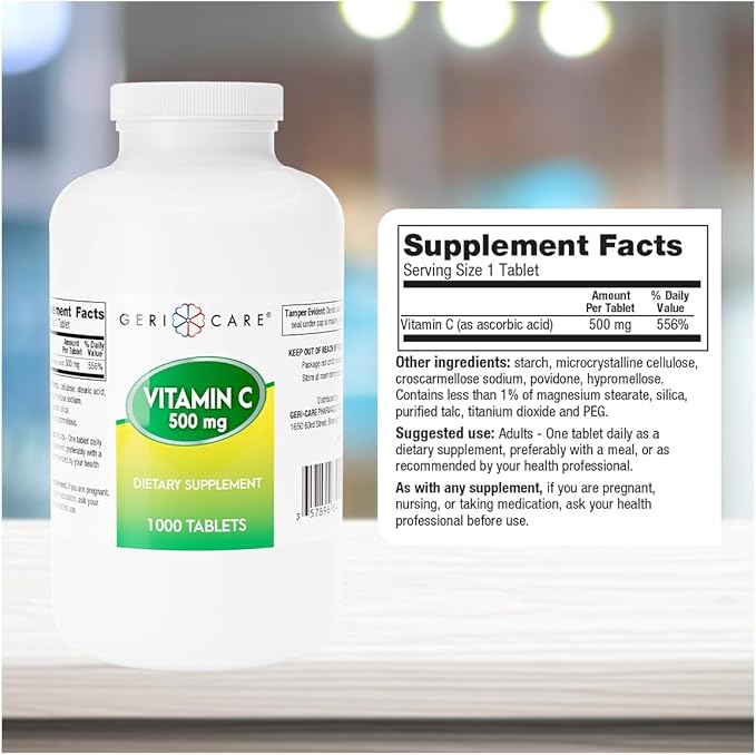 GeriCare Vitamin C 500 mg, Antioxidant, Immune System Support, Nutritional Supplement Tablets, 1000 Count (Pack of 1)